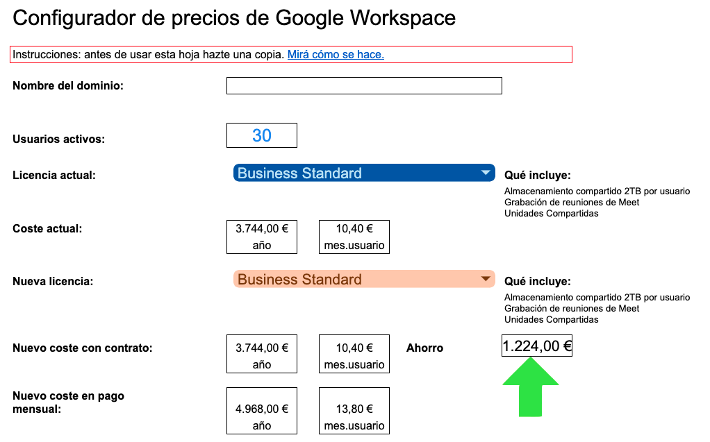 configurador de precios de google workspace